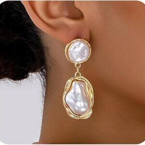 Pearl & Gold Chunky Statement Earring Large Baroque Pearl‎ Dangle Drop Elegance